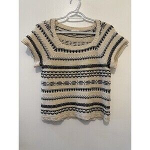 Boho Crochet Knit Top Black Cream Striped Scallop Hem Short Sleeve Medium